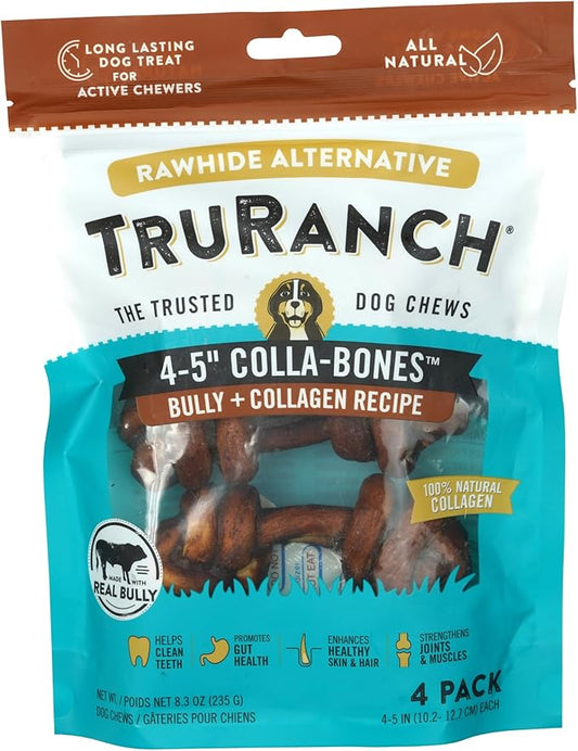 4-5" Collagen Bones, Bully - Collagen Dog Bones - Long Lasting Healthy Joint Support Dog Treat - Rawhide Alternative - Skin & Coat Health, 1 Bag, 4 Count-PawvioPets