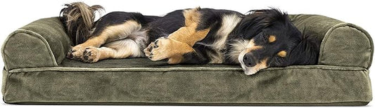 FurHaven Soft, Orthopedic Foam Sofa Dog Bed with Washable & Removable Cover - Faux Fur/Velvet - Dark Sage, Dogs Up to 35 lbs - Medium-PawvioPets
