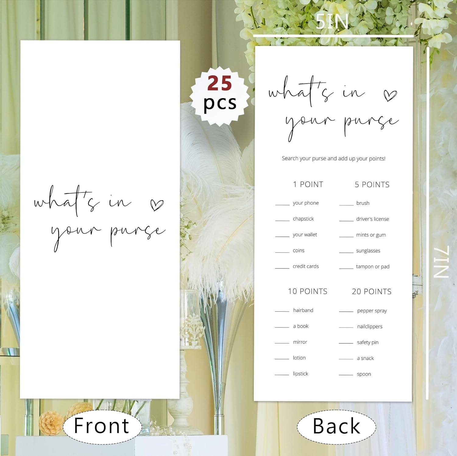 Bridal Shower Games, What's in Your Purse, 25Pcs 4x9inch Minimalist White Double-Sided Bridal Game Cards, Wedding Shower Games for Guests, Engagement Bachelorette Party Supplies - A18