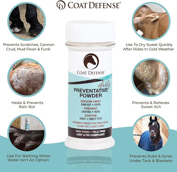 Coat Defense Daily Preventative Powder for Horses - Safe & Effective Equine Sweet Itch, Skin Funk, Scratches, & Rain Rot Treatment - Dry Shampoo for Horses, 8 oz Formula with All Natural Ingredients-PawvioPets