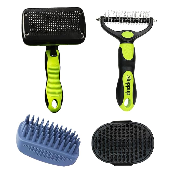 Dog Brush Kit for Grooming Short & Long Haired Dogs & Cats, 4-in-1 Pet Grooming Set with Self-Cleaning Slicker Brush, Deshedding Tool, Shampoo Bath Comb, Massge Comb (Green Black)-PawvioPets