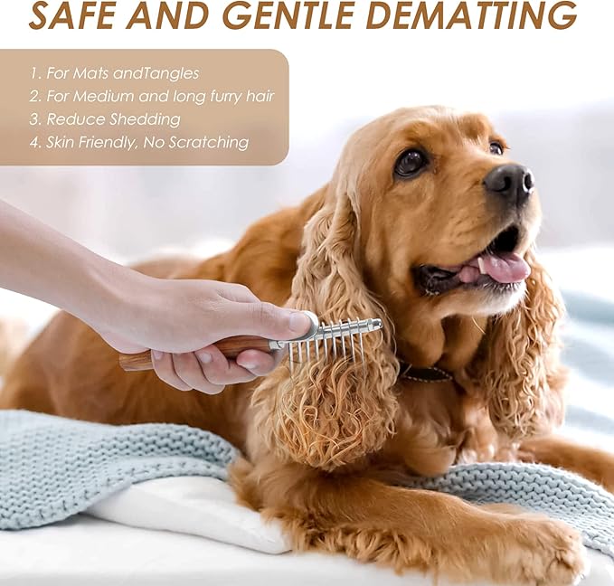 Dog Dematting Comb with Wooden Handle & Detangling Brush - Stainless Steel Undercoat Rake for Long & Thick Haired Dogs & Cats, Professional Grooming Tool for Deshedding and Matted Fur Removal-PawvioPets