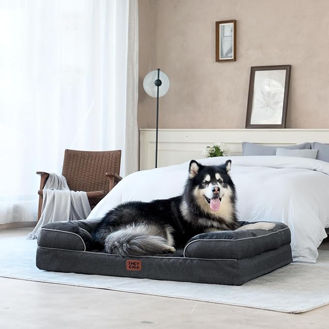 EHEYCIGA Orthopedic Dog Beds for Large Dogs, Waterproof Memory Foam Large Pet Bed with Sides, Non-Slip Bottom and Egg-Crate Foam Dog Couch Bed with Washable Removable Cover, Dark Grey-PawvioPets