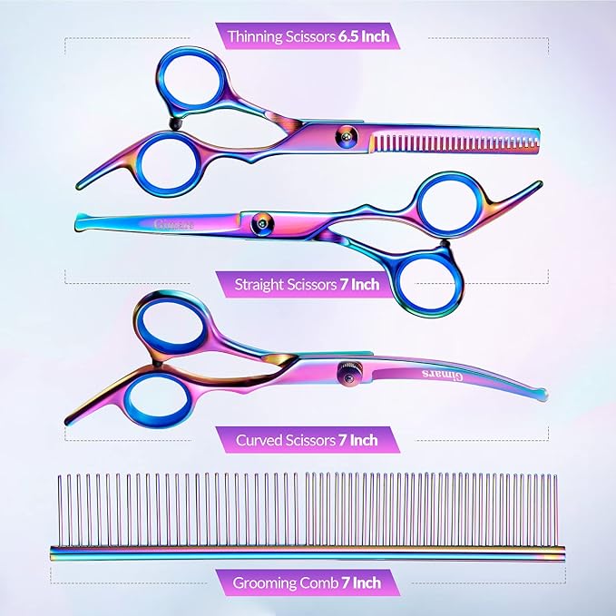 Gimars Dog Grooming Scissors Kit Professional 4CR with Safety Round Tip, 5 in 1 Heavy Duty Titanium Coated Thinning & Curved & Straight Shears-PawvioPets