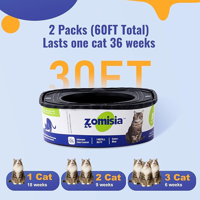 2 Pack Cat Litter Refill Bags, Non-See-Through Jumbo 60FT Cartridge Refill Total Up to 36 Weeks (Over 8 Months) Per Cat for Odor Control, Compatible with Genie Standard, Plus, Style-PawvioPets