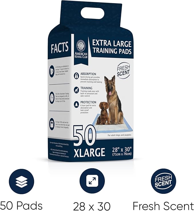 American Kennel Club Scented Puppy Training Pads with Ultra Absorbent Quick Dry Gel – 28 x 30 Pee Pads for Dogs - Fresh Scented - 50 Count, XL-PawvioPets