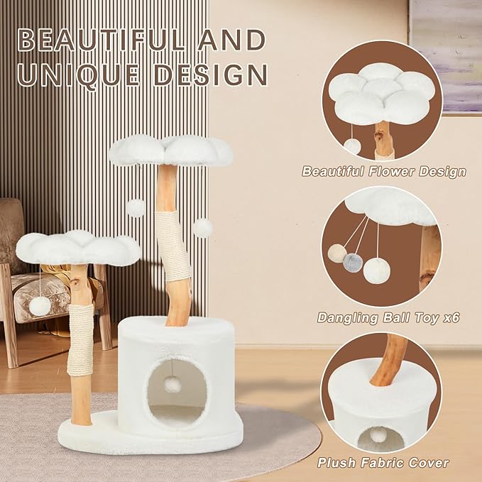 Cute Cat Tree Tower for Indoor Cats Adult, Wood Flower Cat Trees with 6 Pompoms, Modern Cat Tree Tower with Scratching Post, Aesthetic Luxury Cat Condo for Cats Kitten, Alpine White-PawvioPets