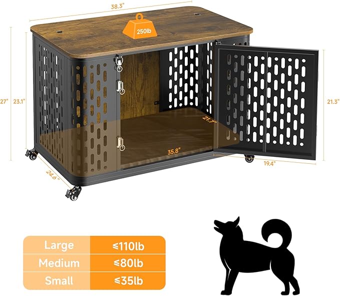 Dog Crate with Cushion, 38" Wood Heavy Duty Dog Crate Furniture with Flip Top & Wheels for High Anxiety Dogs, Escape Proof Pet Cage for Small/Medium Dogs-PawvioPets