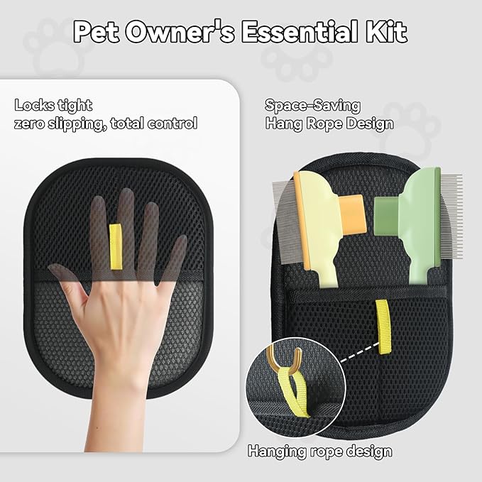 2 Pet Hair Removal Gloves, 2 Flea Combs for Cats and Dog，Reusable Electrostatic Gloves and Long & Short Flea Combs, 4 PCS pet hair removal tools-PawvioPets