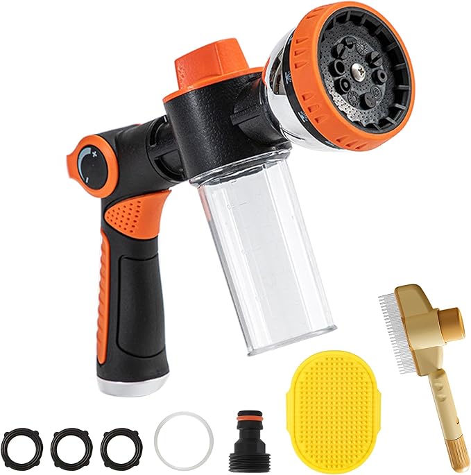 Dog Washing Hose Attachment, 10-in-1 Soap Sprayer Moden Garden Hose Nozzle with 100cc Soap Dispenser, Dog Wash Supplies with Dog Bath Brush & Pet Comb, Foam Gun Car Wash Sprayer (Orange)-PawvioPets
