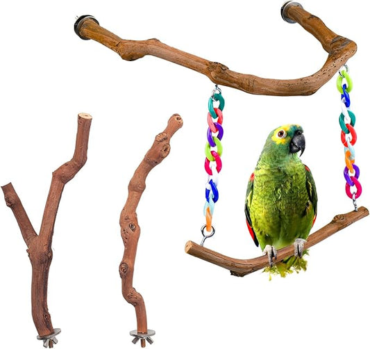 Bird Swing Toys, Standing Bird Perch with Natural Grape Wood, U Shape Hangable Birdcage Accessories, Birds Chewing Toy for Budgerigars, Parakeets, Cockatiels, Conures, Lovebirds, Finches (3Pack)-PawvioPets