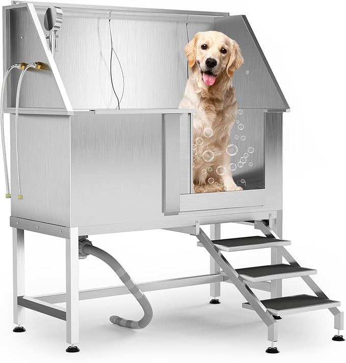 50" Stainless Steel Professional Dog Washing Station - Pet Bathing Tub w/Non-Slip Stairs | Slip-Resistant Floor Grate | for Large/Medium/Small Dogs-PawvioPets