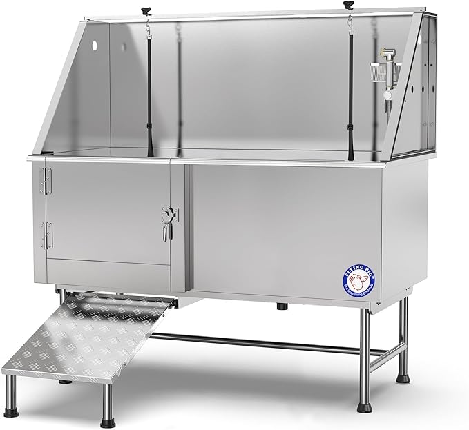 Flying Pig 62" Stainless Steel Pet Dog Grooming Bath Tub with Walk-in Ramp & Accessories (Left Door/Right Drain)-PawvioPets