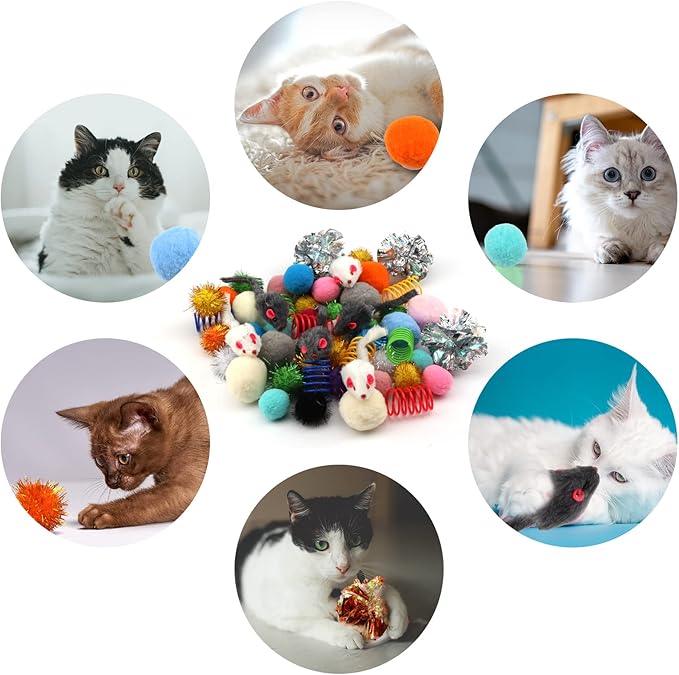 60 Pack Cat Toys - Assorted Kitten, Mouse, Crinkle & Pom Pom Balls-PawvioPets