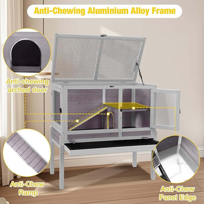 Aivituvin 2-Story Rabbit Hutch with Anti-Chew Ramp & Zinc Sheet - 36.6" Indoor Guinea Pig Cage, Wooden Stand, Pull-Out Tray & Leakproof Floor (Grey)-PawvioPets