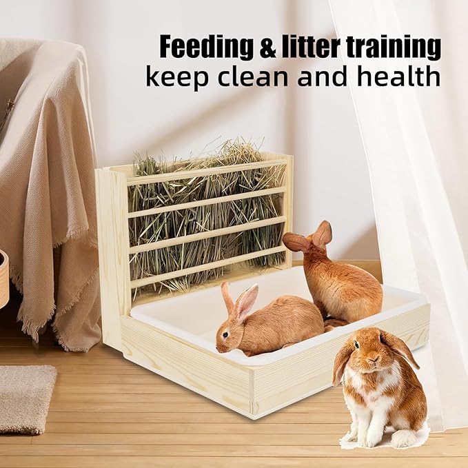 2 in 1 Wooden Rabbit Hay Feeder Box Safe Bunny Feeder Manger Grass Food Holder Rack Hay Holder with Toilet Rabbit Hay Feeder with Litter Pan Designed for Rabbits Guinea Pig Hamster Small Animals-PawvioPets
