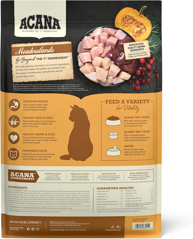 ACANA Grain-free Dry Cat Food Meadowlands Chicken Turkey Fish and Cage-Free Eggs 10lb Bag-PawvioPets