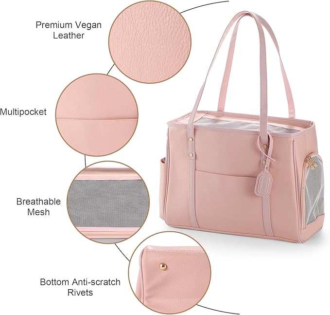 Fashion Dog Carrier Purse, Premium Leather Cat Carrier Bag, Airline Approved Soft Sided Pet Travel Tote Bag with Pockets Pink-PawvioPets