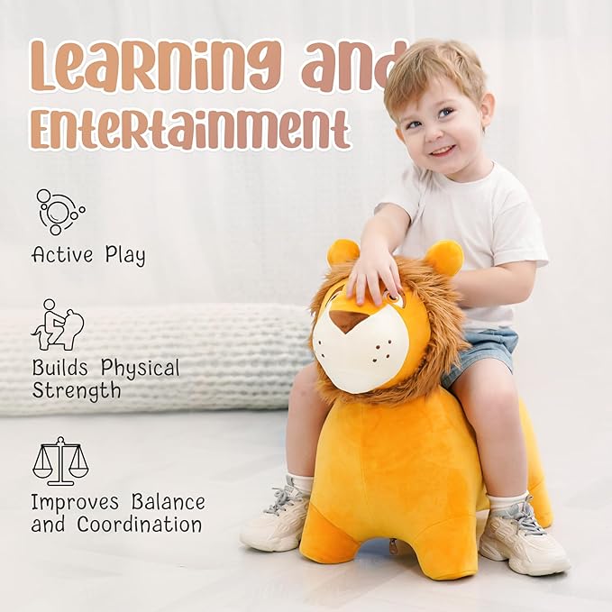 EVERICH TOY Lion Bouncy Horse, Inflatable Plush Hopping Toy, Bouncing Animal Hopper for Toddlers, Fun Ride-On Toy for Kids 18 Months-6 Years, Indoor & Outdoor Play, Great Gift Boys Girls-PawvioPets