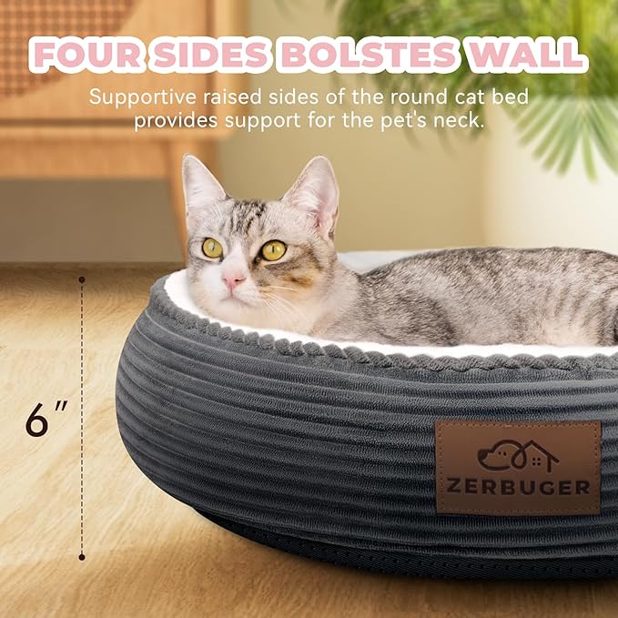 20in Washable Cat Beds for Indoor Cats - Round Donut Pet Bed for Cats, Small Dogs, Puppy, Kitten - Anti-Slip Bottom, Calming Bed Gift - Dark Grey-PawvioPets
