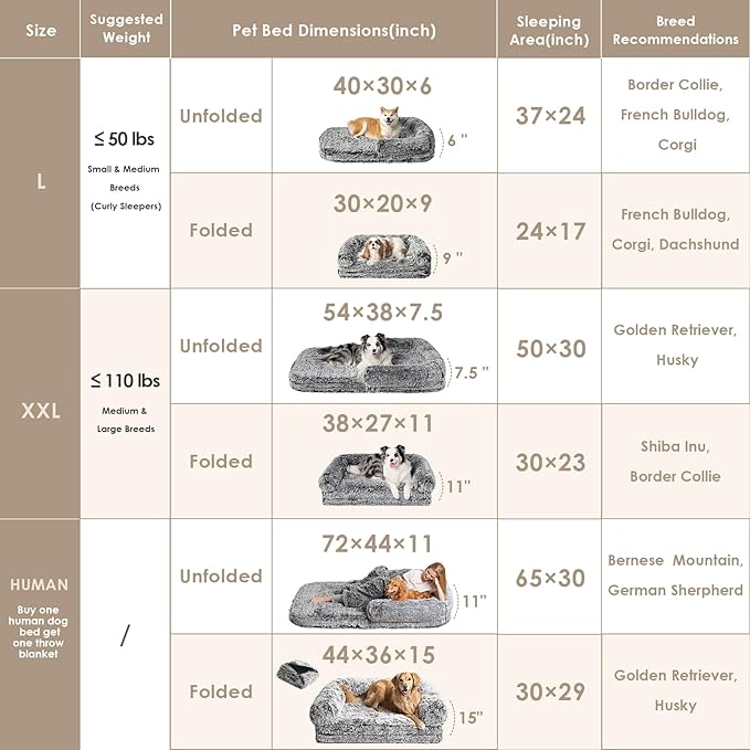 EHEYCIGA Foldable Dog Bed, Faux Fur Fluffy Dog Couch Bed, Orthopedic Calming Memory Foam Pet Bed for Small Dogs, Washable Soft Warm Pet Sofa Bed with Non-Slip Bottom, Faded Black, 40"x30"x6"-PawvioPets