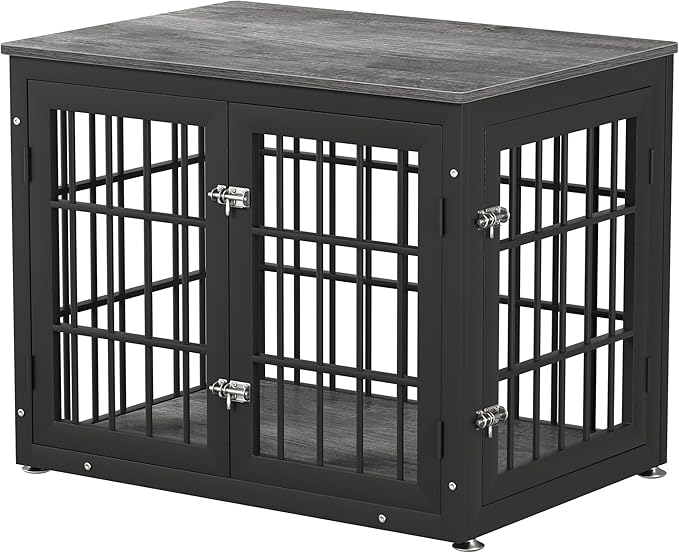 32 Inch Heavy Duty Dog Crate Furniture for Medium and Small Dogs, Decorative Pet House End Table, Wooden Cage Kennel Furniture Indoor, Gray-PawvioPets