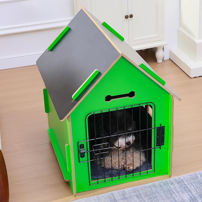 Dog House Indoor for Small Dogs or Cats, Cozy Wooden Design, Small Indoor Bed House, with Air Vents and Elevated Floor Warm Dog Cave (Green)-PawvioPets