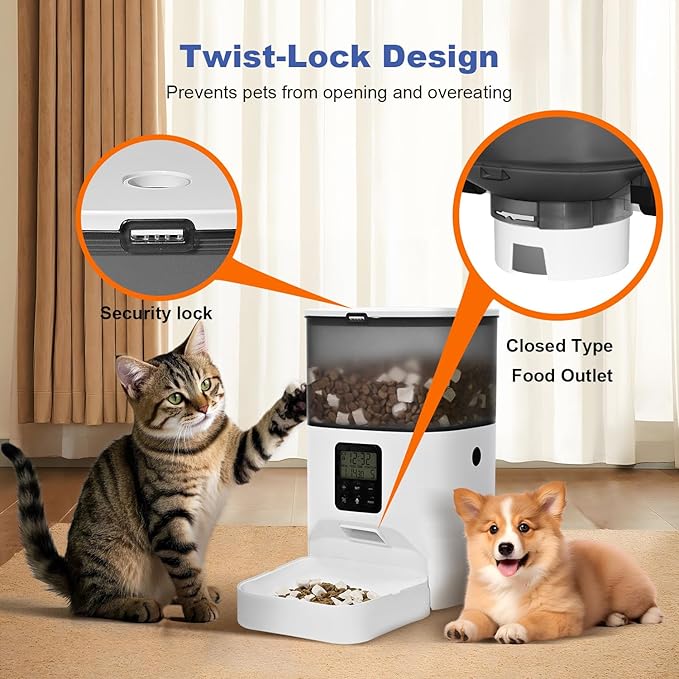 Automatic Cat Feeder, 4L Cat Food Dispenser with 10s Voice Recorder, Pet Feeder up to 8 Meals per Day, Timed Dog Feeder with Dry Food Sealed Ring (White, 4L-Basic)-PawvioPets