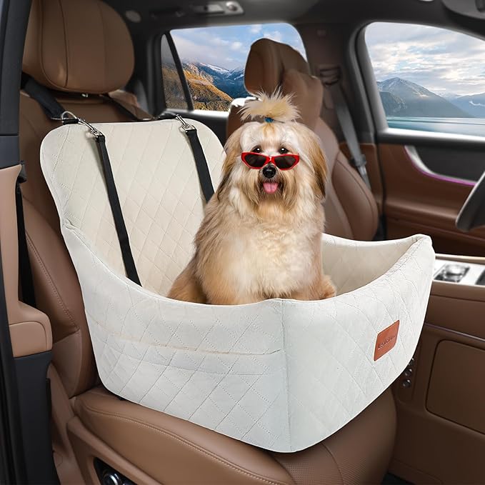 Dog Car Seat for Medium Dogs,Easy to Install with Adjustable Straps,Anti-Slip Bottom,Fully Detachable and Washable,Soft Fabric Fill in Memory Foam,Two Side Pockets(Beige,Medium)-PawvioPets