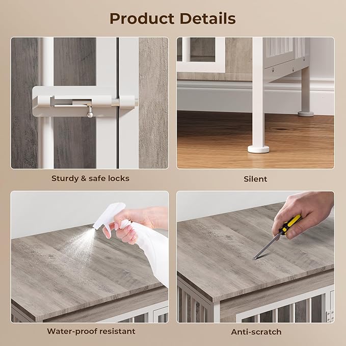 78 Inch Dog Cage Furniture for 2 Large/Medium Dogs with Removable Divider, Extra Large Double Doors Dog Kennel, XXL Thick Wooden Dog cage Furniture, Durable and Sturdy, Beige-PawvioPets