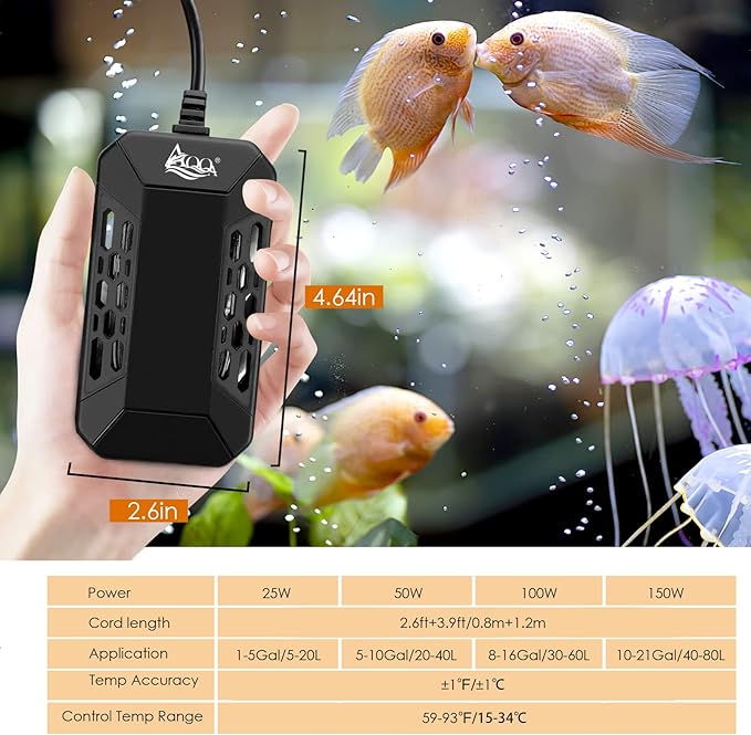 AQQA Aquarium Submersible Heater for Fish Tank,HD Temperature Display and Built-in Thermometer,External Controller Temperature Control Range 59℉-93℉,Safety Control Protects 150W-PawvioPets
