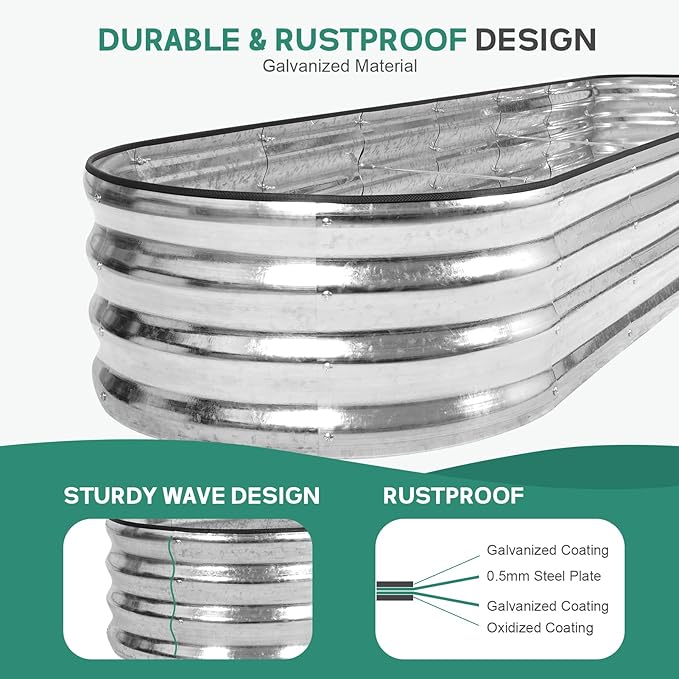 Galvanized Raised Garden Bed - 8×2×1ft Planter Raised Beds for Gardening | Oval Metal Garden Planter Box with Safety Edging and Bracing Rods for Vegetables Fruits and Flowers - Silver-PawvioPets