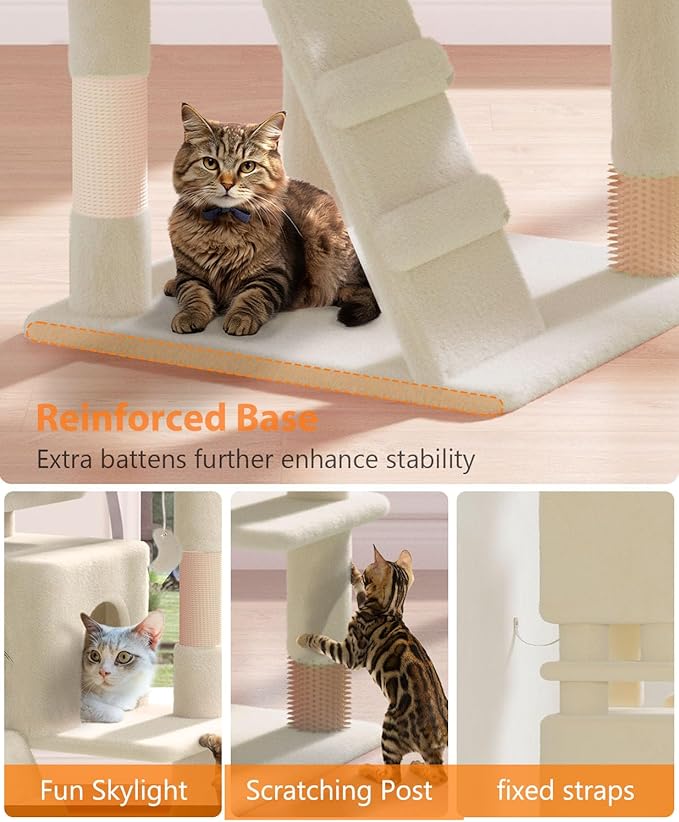 77'' Cat Tree Tower for Indoor Cats Large Adult, Cute/Tall Modern Cat Tree for Big Cats 20 lbs, Plush Multi-Level Cat Condo with Scratching Posts, Dangling Ball for Fun Play (Beige, 77 inch)-PawvioPets