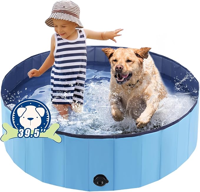 Foldable Dog Bath Swimming Pool Plastic Kiddie Pool Professional Tub Collapsible Grooming Bathtub for Pets Kids Baby and Toddler, 39.5 x 12 Inches Blue-PawvioPets