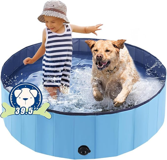 Foldable Dog Bath Swimming Pool Plastic Kiddie Pool Professional Tub Collapsible Grooming Bathtub for Pets Kids Baby and Toddler, 39.5 x 12 Inches Blue-PawvioPets