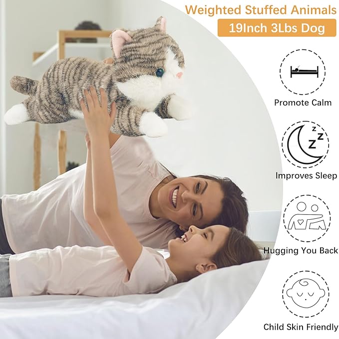 19 inch 3 lbs Cat Weighted Stuffed Animals, Realistic Weighted Cat Stuffed Animal, Sensory Comfort Plush Throw Pillow, Soft Kawaii Stuffed Kitty Plush Toy Gift for Adults Kids Youth-PawvioPets