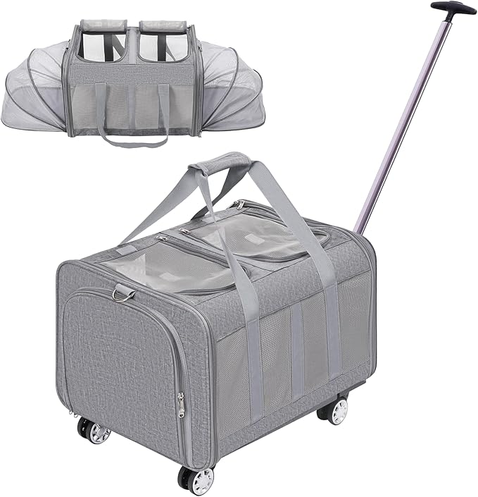 Expandable Pet Carrier with Wheels, Double Cat Dog Carrier 21"x 17"x 16" up to 40 Lbs, Rolling Pet Carrier for Cats and Dogs, Extra Large Pet Travel Carrier, Ideal for Outdoor/Travel-PawvioPets