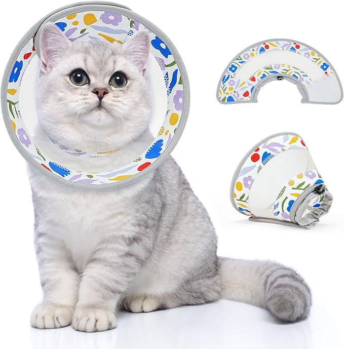 Breathable Air Mesh Cat Cone Collar Soft to Stop Licking, Adjustable, Foldable Lightweight Kitten Cones After Surgery Recovery for Cats & Kittens (Flower,L)-PawvioPets