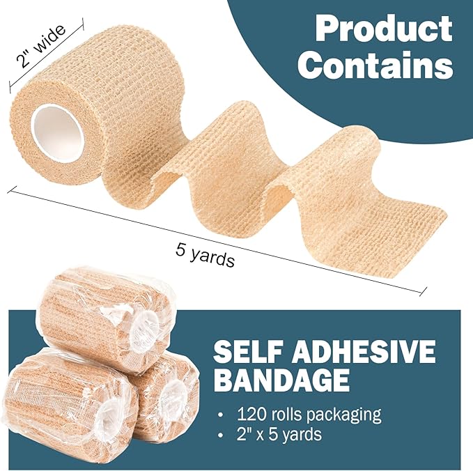 AZEN 120 Pack Self Adhesive Bandage Wrap, 2" X 5 Yards Elastic Cohesive Bandage Wrap, Skin Color Athletic Tape, Vet Wrap, Ankle Tape-PawvioPets