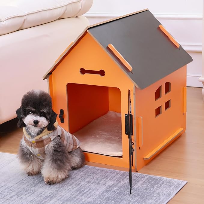 Dog House Indoor for Small Dogs or Cats, Cozy Wooden Design, Small Indoor Bed House, with Air Vents and Elevated Floor Warm Dog Cave (Orange)-PawvioPets