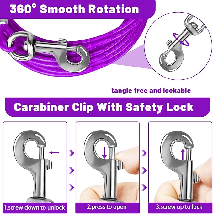 Dog Tie Out Cable 10/15/20/25/30 FT Runner for Yard Steel Wire Cable with Durable Superior Clips Purple Chains for Outside Dog Lead for Large Up to 165 Lbs-PawvioPets