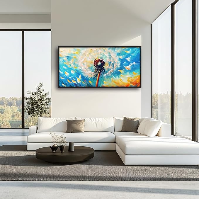 Extra Large Abstract Dandelion Framed Wall Art for Living Room,Oversized Colorful Dandelion Flower Pictures Wall Decor,Blue Canvas Print Painting Modern Artwork Bedroom Office Bathroom 60L" x 30W"-PawvioPets