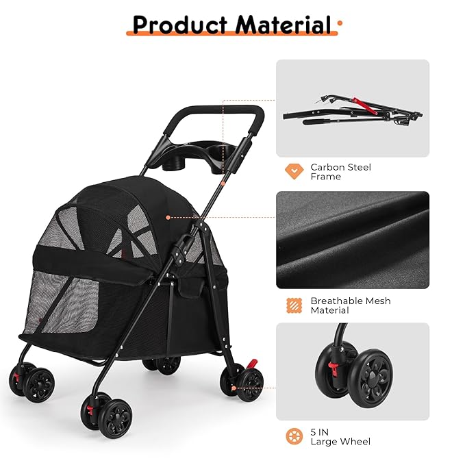 Foldable Pet Stroller for Small/Medium Pets up to 22 lbs - Lightweight 4-Wheel Design with Sun Canopy, Storage Bag & Breathable Mesh-PawvioPets