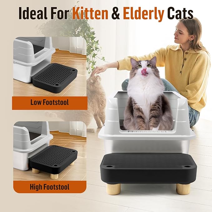 Cat Litter Box Step Ramp, Cat Litter Catcher Mat with Wooden Feet, Filter Function, Cat Pedal Stool for Self-Cleaning Cat Litter Box, Ideal for Kitten & Elderly Cats (Black)-PawvioPets