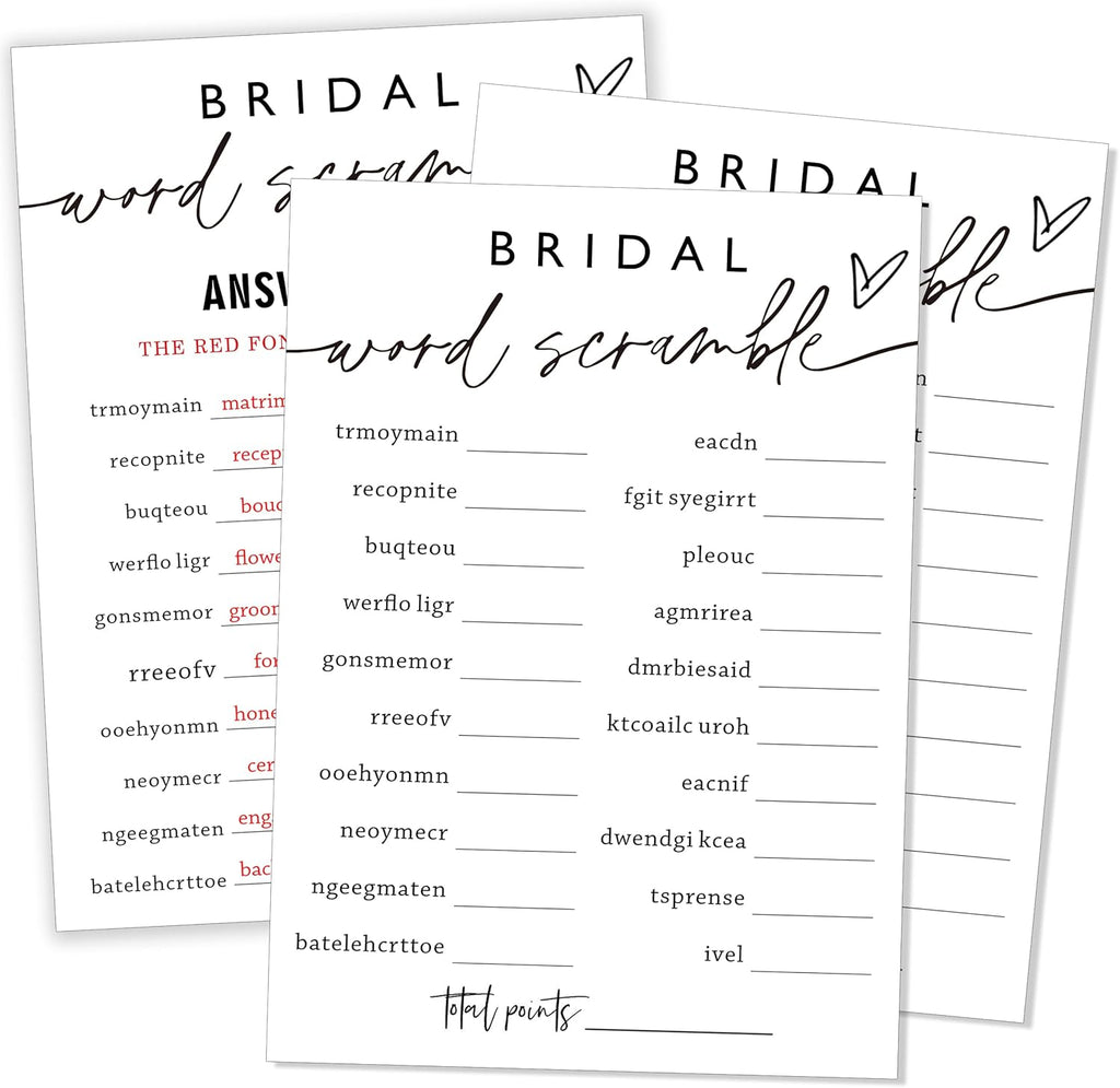 Fun Wedding Shower Games Bridal Word Scramble who knows the bride best 25 Game Cards with 1 Answer Card Bridal Shower Game Rustic Ideas Activity for Engagement Wedding Party Entertainment - A03