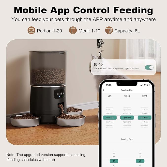 3-Cat Automatic Pet Feeder, 6L WiFi Cat Food Dispenser with APP Control, 1-10 Meal Programmable, Voice Recorder, Smart Alerts, Stainless Steel Bowls for Cats and Small Dogs (Black)-PawvioPets