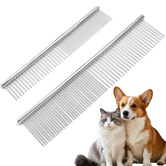 Biaungdo 2 Pcs Dog Grooming Combs Set, Metal Dog Comb for Removing Tangles and Knot, Cat Brush Grooming Tool for Long Haired Pets-PawvioPets