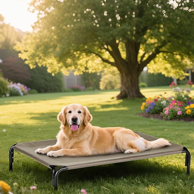 Elevated Dog Bed for Outdoor, XXL Raised Dog Cot Indestructible with Washable Mesh, Cooling Summer Pet Cot Chew Proof for Outside Camping Travel, 51 inch Brown-PawvioPets
