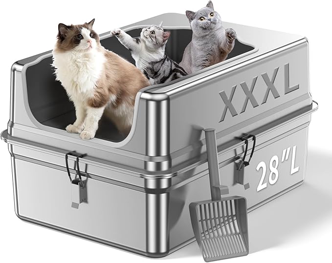 All-Metal 28" Extra Large Stainless Steel Cat Litter Boxes with Lid Metal Cat Litterbox Pan for Big Cats and Multiple Cats, Anti-Leakage, Easy Cleaning, Include Scoop-PawvioPets