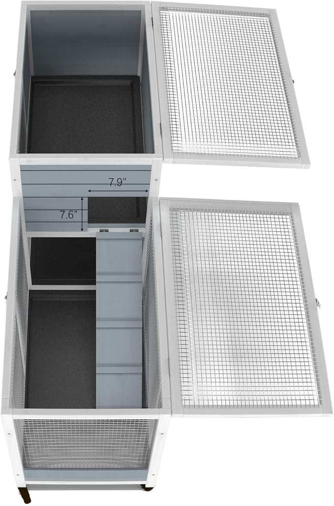 GDLF Two Floors 58" Wooden Indoor Bunny Hutch Rabbit Cage on Wheels Guinea Pig PET House for Small to Medium Animals Waterproof No Leak Tray-PawvioPets